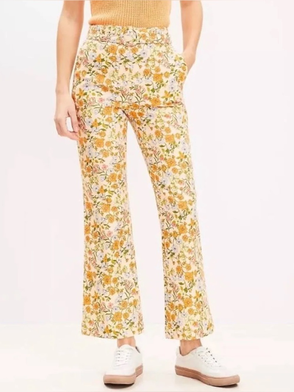 Loft Floral Kick-Leg Cropped Pants - Cream/Orange/Green
